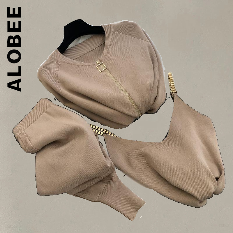 Alobee-여성용 패션 심플한 긴 바지, 우아한 체인 니트 3 피스 세트, 섹시한 여성용 운동복