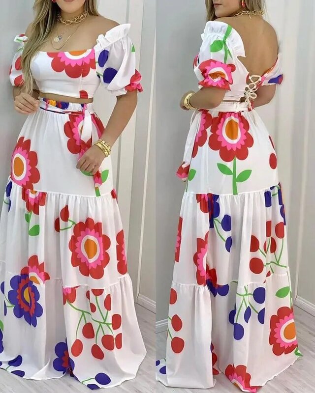 Floral Print Lace-up Backless Crop Top & Maxi Skirt Sets Sexy Summer Women