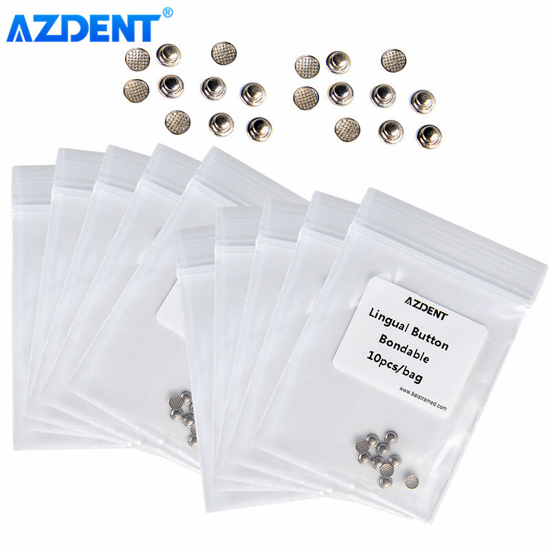 AZDENT – bouton d'orthodontie dentaire, 10 pièces/paquet, bouton de langue, monobloc MIM, maille ronde, fond métallique, collable, boucle latérale de langue