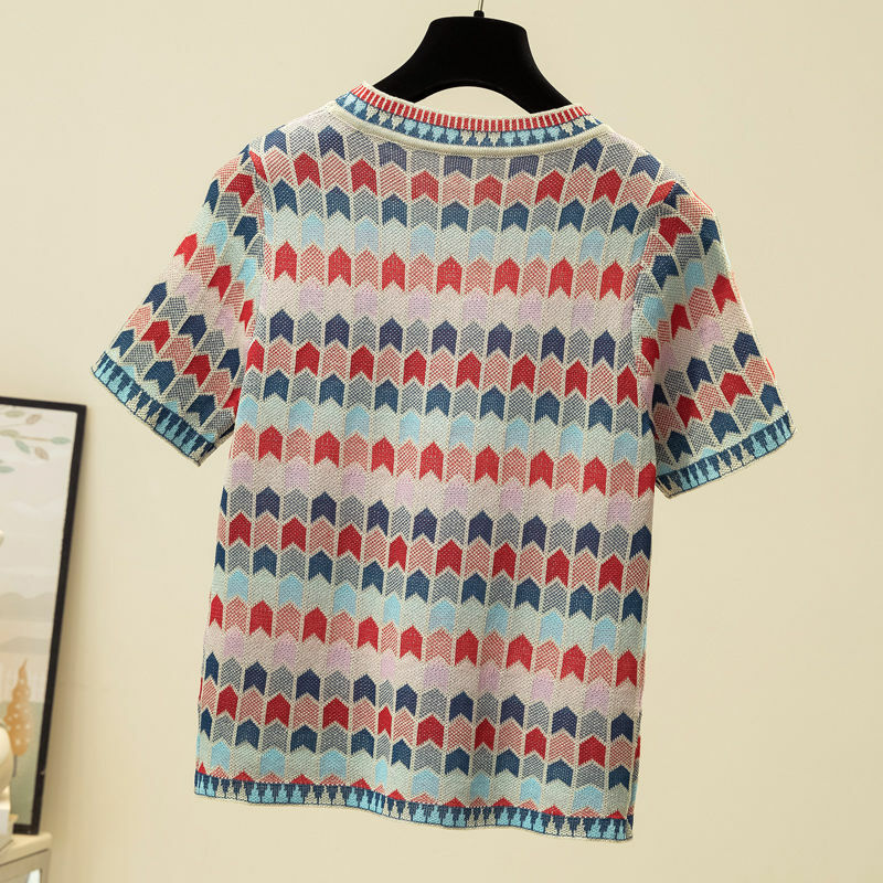 2022 sommer T-Shirt Großen halben hülse mosaik farbe vielseitig rundhals gestrickte pullover top lose mode kurzarm
