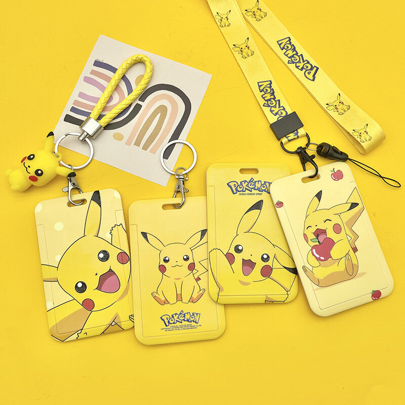 Pokemon Original Cartoon Cute Pikachu PVC Card Cover Student Documents Hanging Neck Bag Anti-lost Card Holder Lanyard ID Card