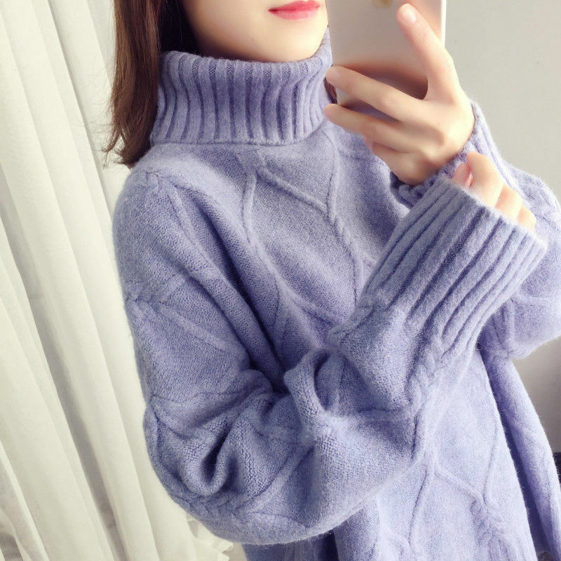 Autumn and Winter New Striped Sweater Women Loose All-match Pullover Turtleneck Solid Color Long-sleeved Knitted Top Women