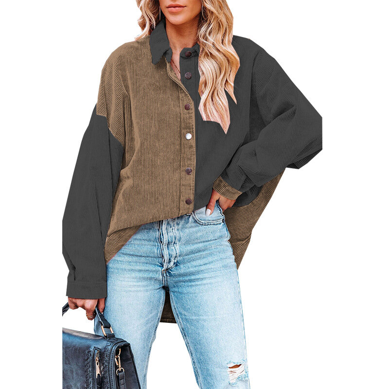 Autumn and Winter Corduroy Shirt Colored Matching Polo Neck Long Sleeve Cardigan New Loose Fit Casual Coat for Women