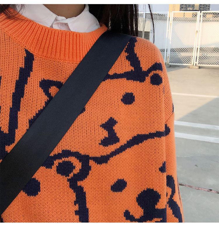 Pull Harajuku Vintage à manches longues Orange pour femme, pull ample, décontracté, dessin animé mignon, mode d'hiver, pull en tricot