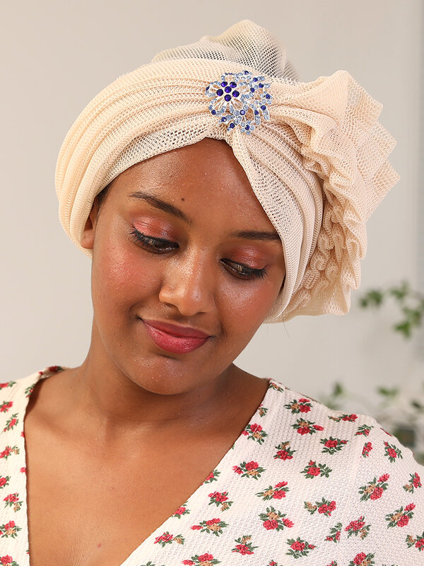 Multicolor moda afrykański szal ślub nigeryjski Turban muzułmański czapka arabska indie kapelusz kobiety Wrap głowa Turbante Mujer Bonnet