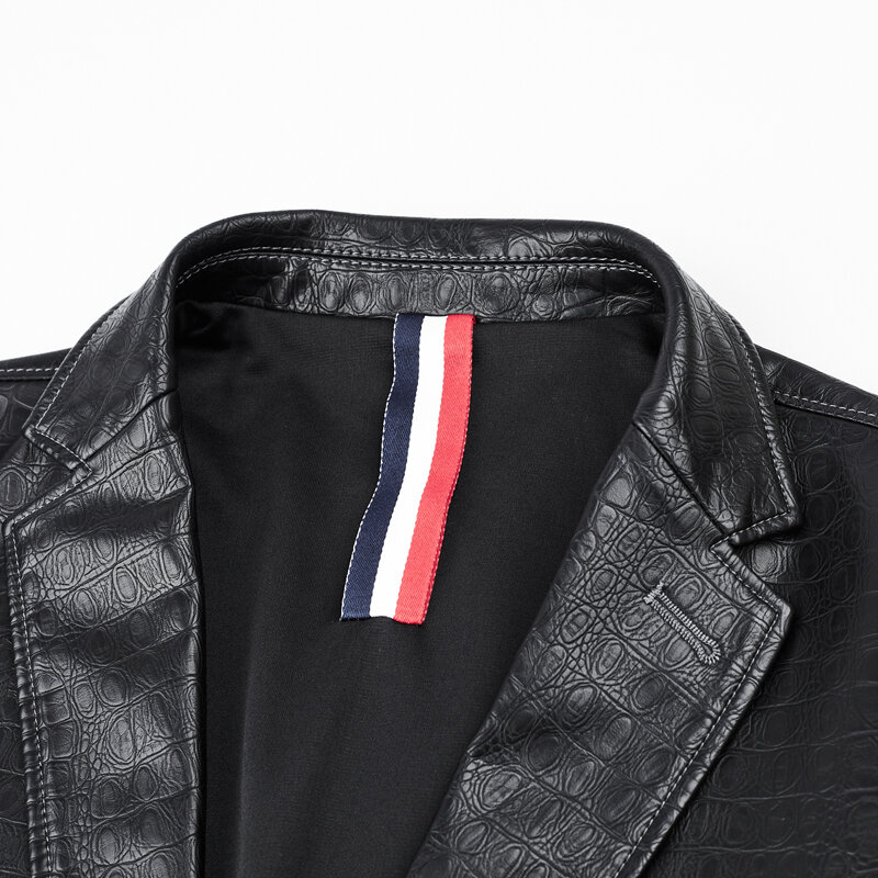 Terno de couro fino-ajuste outono nova haining motocicleta jaqueta de couro lazer terno de couro padrão jaqueta masculina