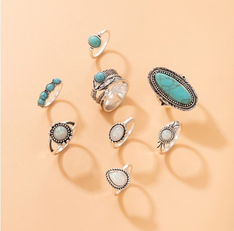 Vintage Boho หินสีฟ้าแหวนเทอร์คอยส์สำหรับผู้หญิงขายส่งสไตล์ชาติพันธุ์แหวนใส่นิ้วชุดเครื่องประดับของขวัญ