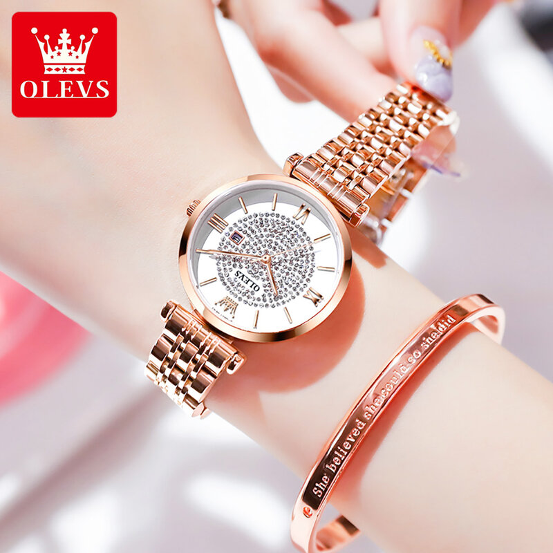 OLEVS Gypsophila wysokiej jakości zegarki kwarcowe damskie ze stali nierdzewnej stalowy pasek wodoodporne modne zegarki dla kobiet kalendarz