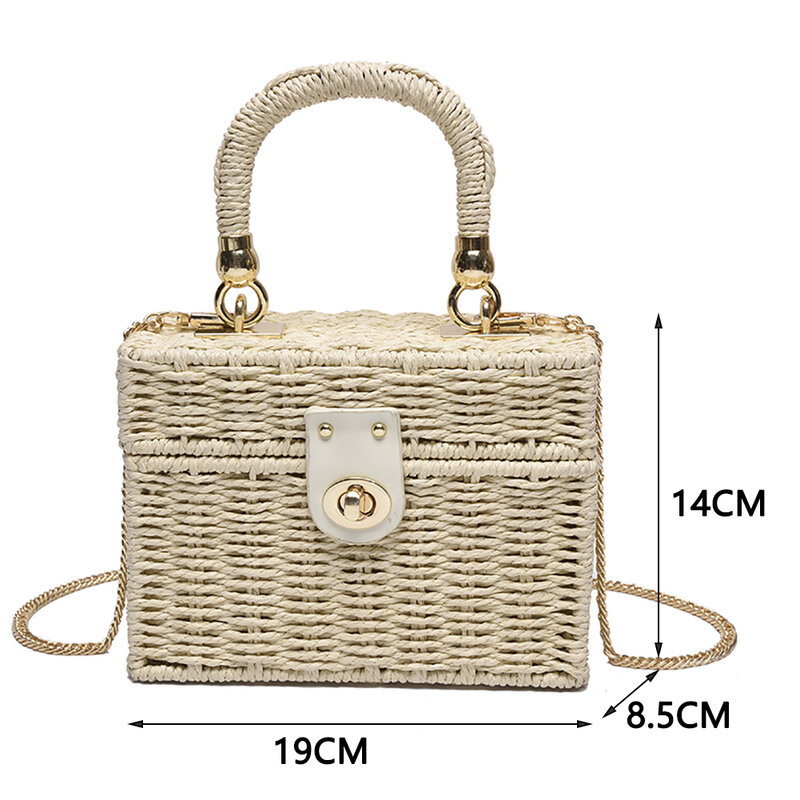 籐の夏のショルダーバッグ,四角い箱,トップハンドル,ボヘミアン,手織りのバスケット,女性と女の子のためのバッグ