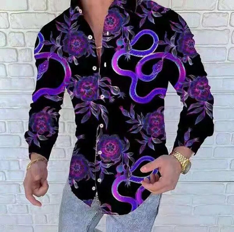 Męska modna koszula fioletowym kwiatem Ophidian Print bluzka Casual luźny skręcić w dół kołnierz z długim rękawem topy męskie Streetwear