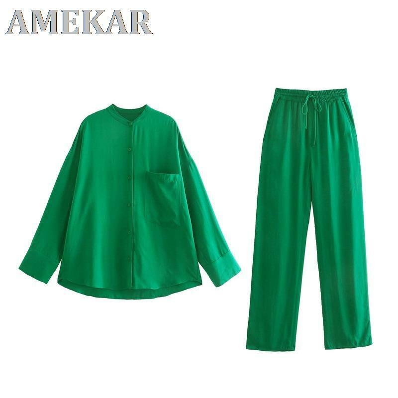 Conjunto de 2 piezas de chándal para mujer, conjunto de camisa y pantalones de talla grande, color verde, 2022
