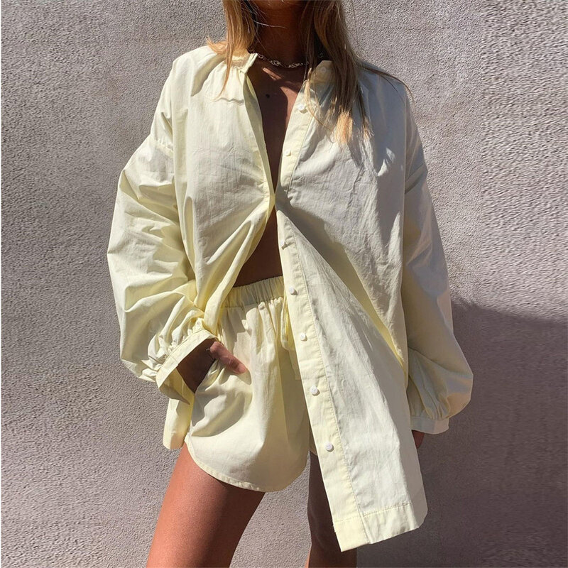 Summer Fashion Women Solid Stand Collar Long Sleeves Button Long Shirts Tops Clothing Femme Loose Casual Two Pieces Shorts Set