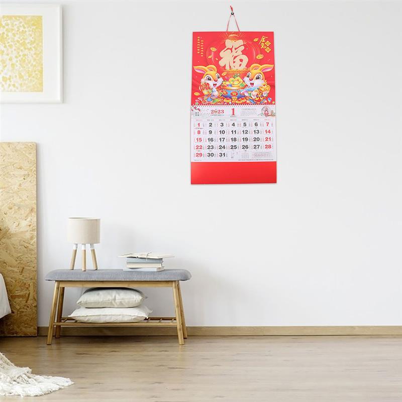 Calendario de pared de estilo chino, 2 piezas, colgante, año del conejo, calendario mensual decorativo 2023