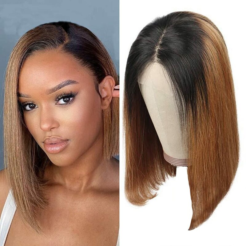 Honey Blonde Wig Straight Bob Wig 4x4 Ombre Human Hair Wigs Brazilian Remy Hair Tow Tone Wig For Women Deep Part With Baby Hair