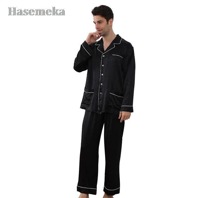 Pyjama en soie véritable pour homme, chemise classique à manches longues, pantalon, ensemble quatre saisons, confortable, 19mm