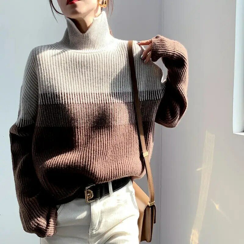 높은 목 대비 스웨터 여성 2022 가을 겨울 새로운 그라데이션 스웨터 바닥 셔츠 느슨한 니트 스웨터 풀 오버