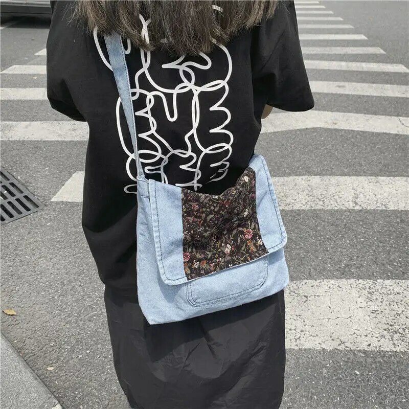 Xiuya Straat Toevallige Schoudertas Vrouwen 2021 Denim Bloemen Canvas Crossbody Bag Vintage Grote Capaciteit Tote Handtassen School Satchel