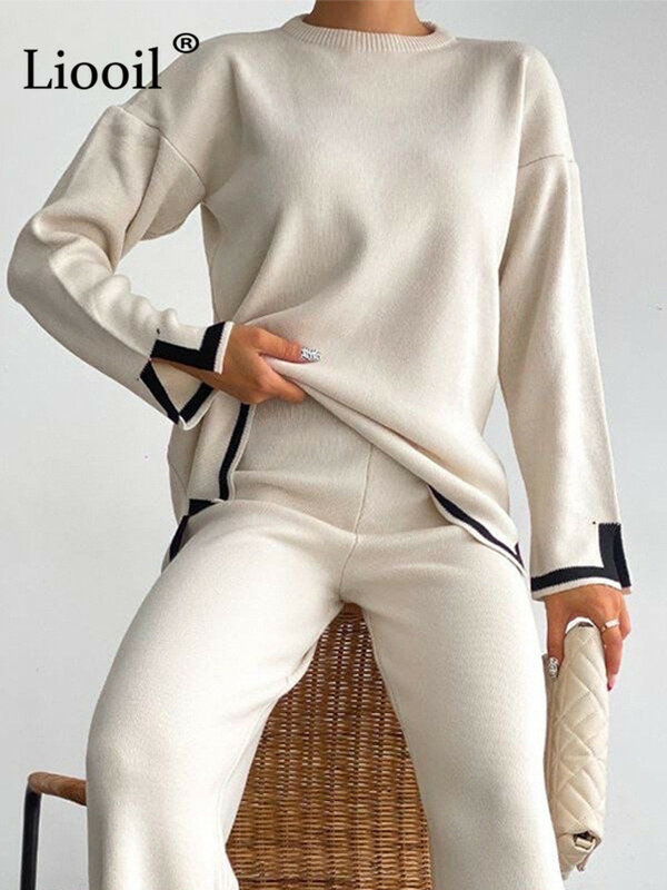 Bloco de cor fenda camisola de malha pulôver feminino jumper manga longa solta malha topos 2022 outono inverno streetwear camisolas baggy