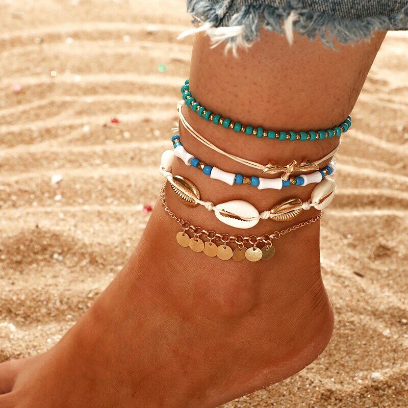 Bohemian Handmade Shell Seed Beads Anklet Set for Women Multilayer Chains Summer Ocean Beach Foot Anklet Jewelry
