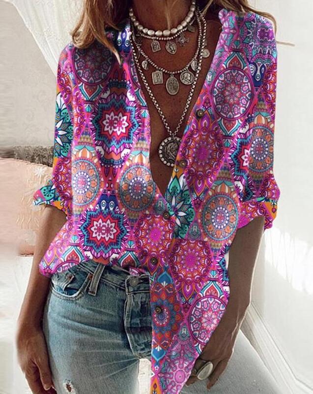 2023 New Hot Selling Fashion Casual Women's Tribal Print Long Sleeve Button Shirt