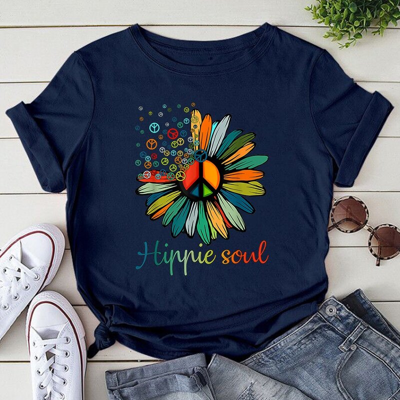 Śliczne koszulki z nadrukiem Hippie Soul dla kobiet z krótkim rękawem śmieszne koszulki z okrągłym dekoltem w stylu Casual, letnia bluzka