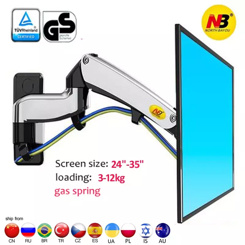 NB F300 3-12kg aluminum Gas spring Monitor full motion 2 arm tv wall bracket LCD 24"-35" tv mount monitor holder stand