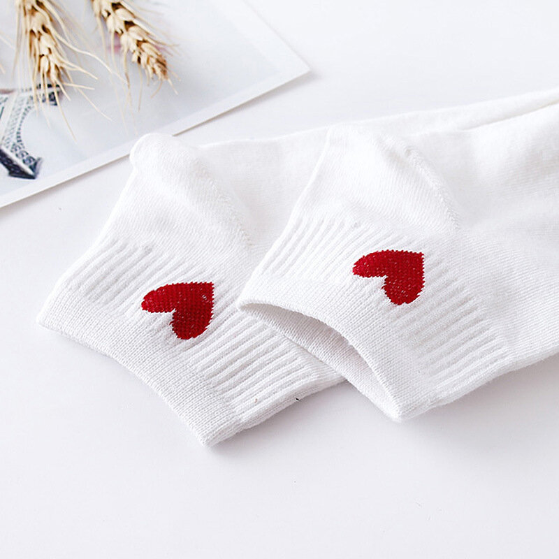 Chaussettes courtes en coton doux pour femmes, 5 paires, chaussettes courtes, en coton doux, avec un cœur rouge, 10 pièces