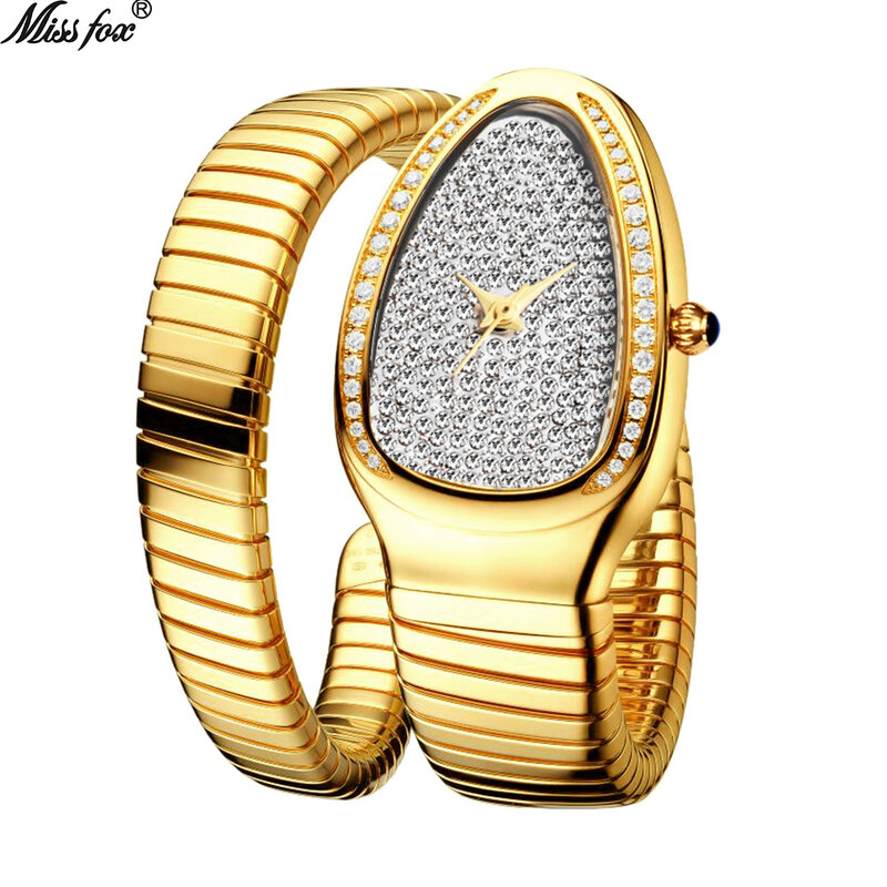 MISSFOX-reloj de cuarzo con diamantes de serpiente para mujer, nuevo accesorio de pulsera dorado a la moda, relojes de lujo para fiesta