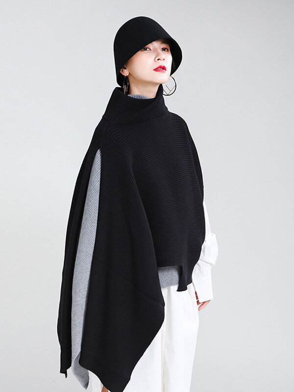 [EAM] серый асимметричный большой размер вязаный свитер пончо свободная Водолазка с длинным рукавом Женская Новая мода осень зима 2022 1Z868