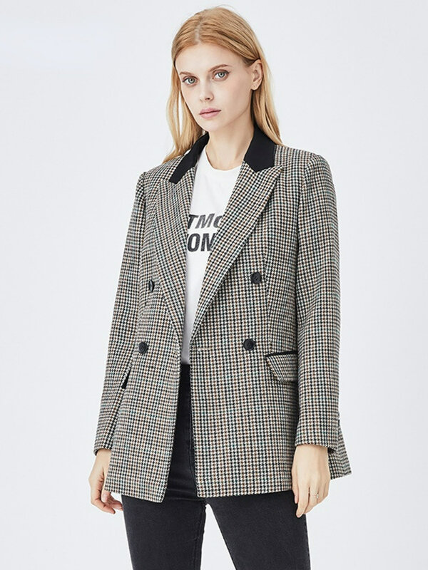 Женский Осенний клетчатый пиджак в стиле ретро, модное Шерстяное приталенное пальто, повседневный деловой Блейзер, офисные женские Пиджаки