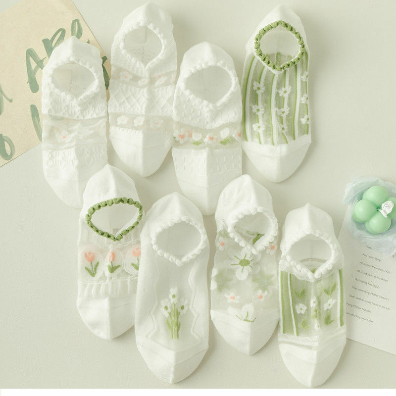 Calcetines de seda de cristal con flores para mujer, medias invisibles de boca poco profunda, estilo japonés