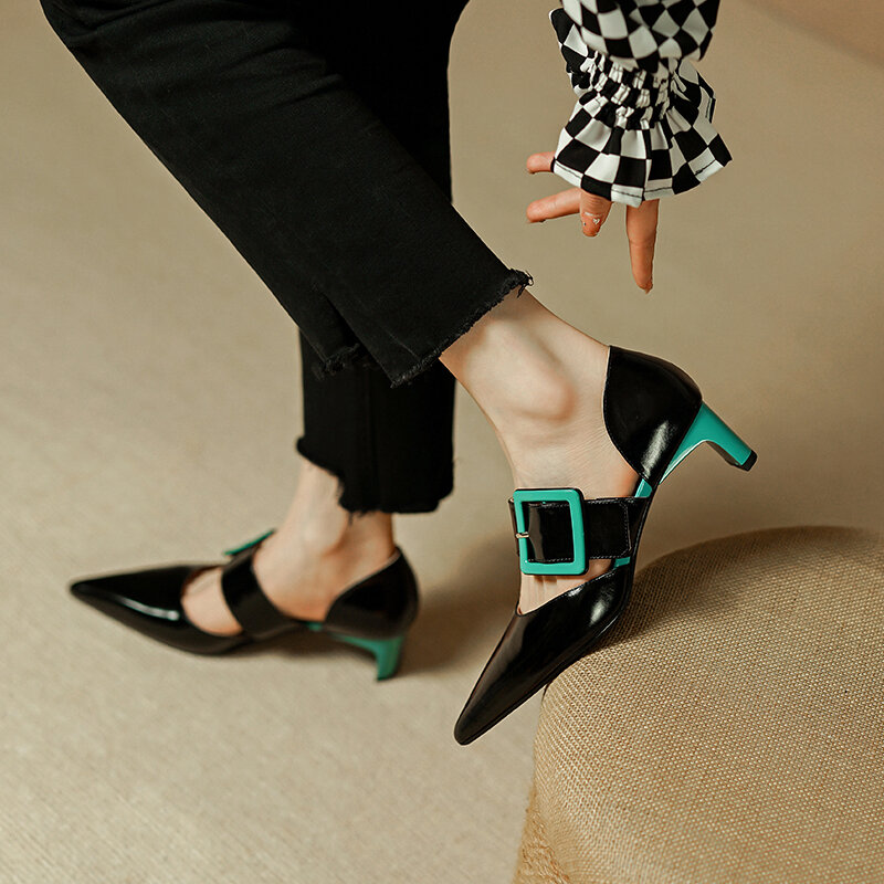 Sandalias de piel de vaca con leather22-24.5cm natural para mujer, calzado elegante con parte trasera gruesa y tacón en forma de hebilla, para verano, 2022