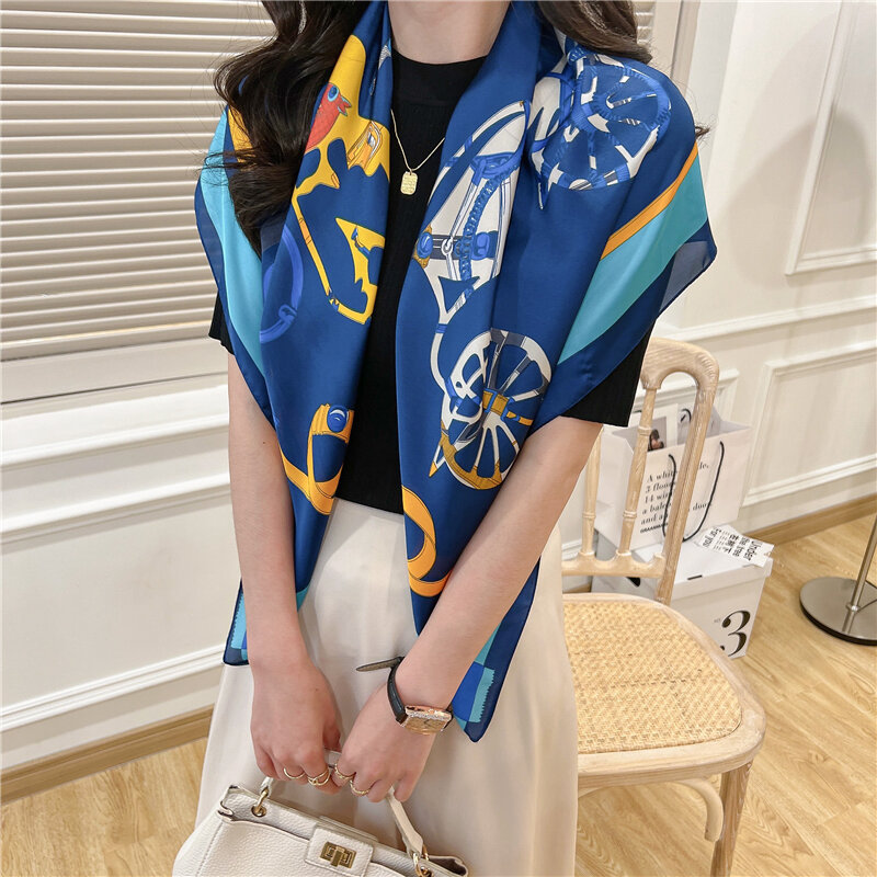 2021 nova moda muffler xales saco envoltório bandana foulard 90*90cm xadrez cetim hijab lenço quadrado bandana