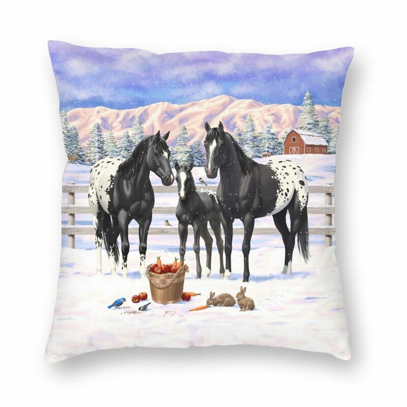 Appaloosa – housse de coussin carrée noire motif chevaux, taie d'oreiller décorative en Polyester et lin avec fermeture éclair, pour canapé et chaise de voiture