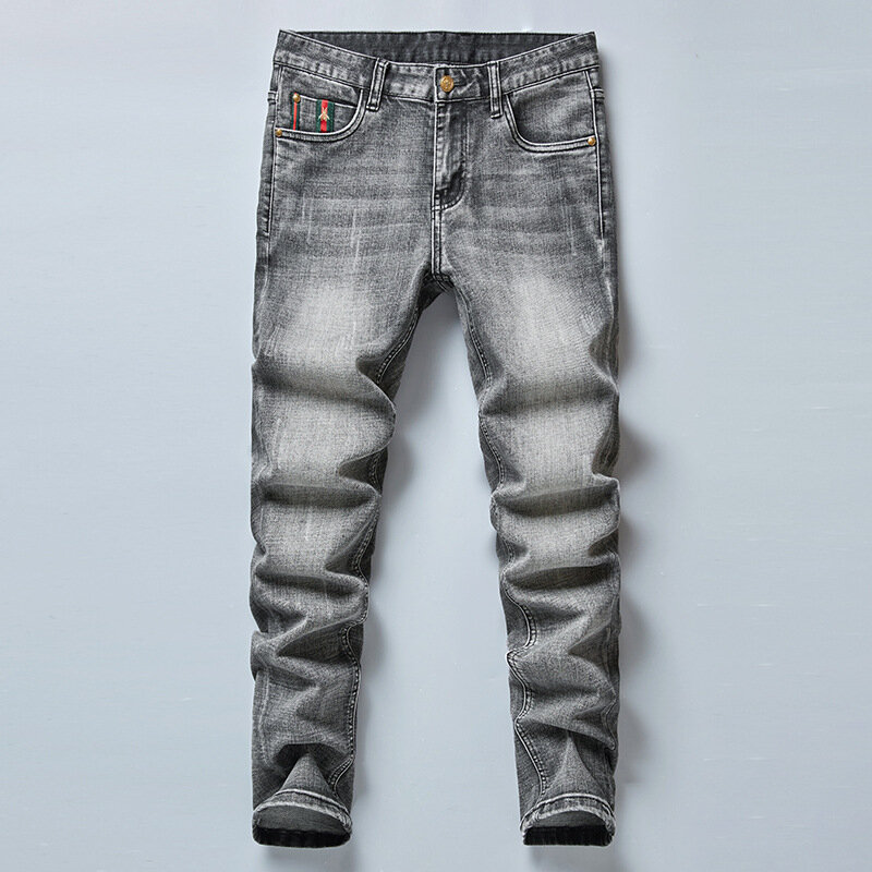 2022 ربيع الموضة عادية رقيقة جينز علامة تجارية الرجال القطن سليم تمتد السراويل الرجعية الدخان رمادي الرجال الجينز