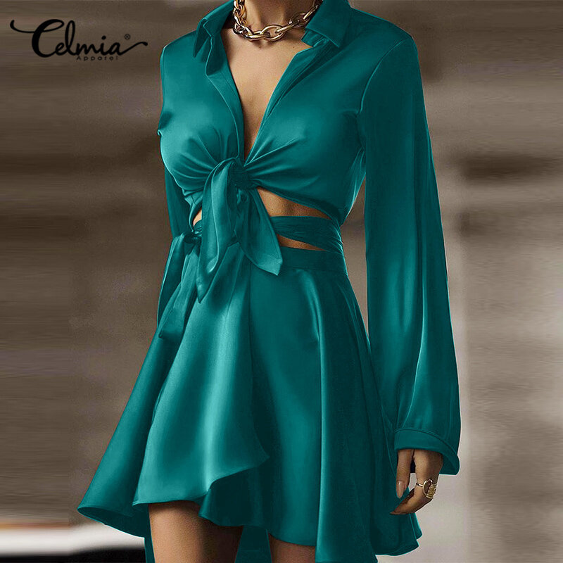 Celmia Women 2022 Fashoin 2 pcs Dress Sets Elegant Satin Silk Sets Long Flared Sleeve Bare Midriff Shirt and Bandage Mini Skirts