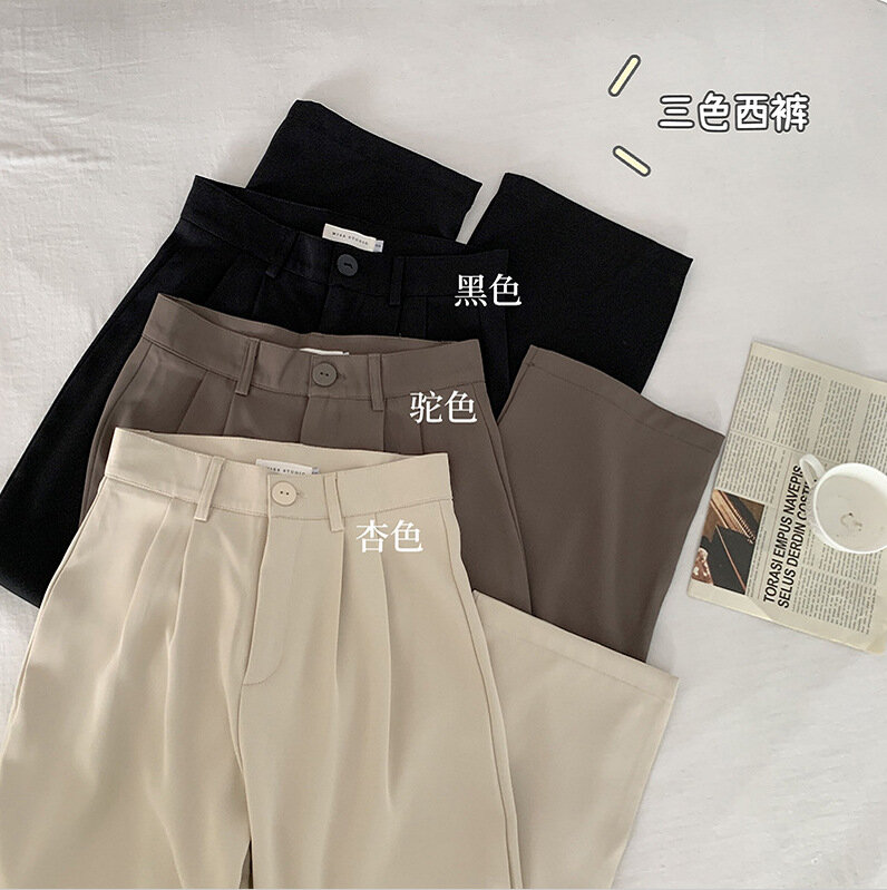 Женские прямые брюки с завышенной талией, повседневные свободные черные брюки в Корейском стиле, 2022
