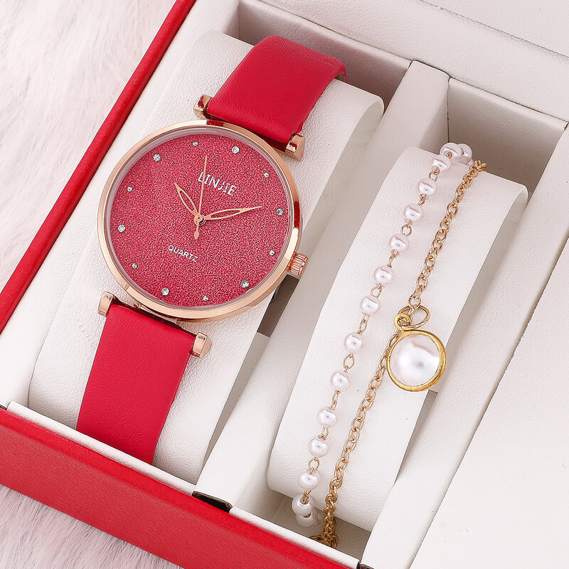 Senhoras relógio conjunto moda estrelado dial pulseira pulseira de couro feminino quartzo menina relógio de pulso (sem caixa)