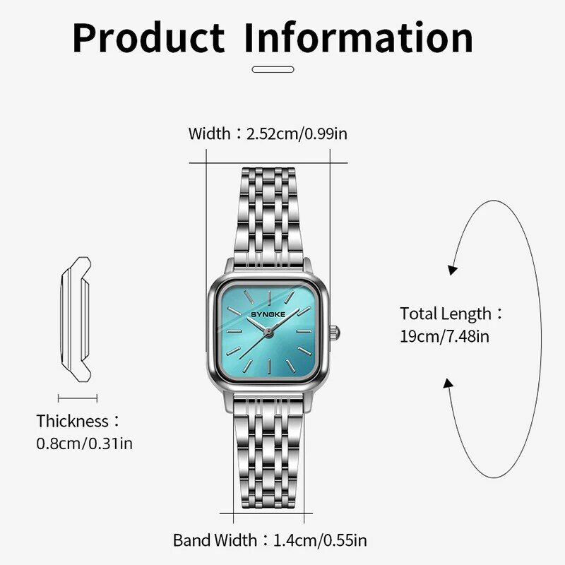 SYNOKE-Relógio de pulso feminino quadrado pequeno, pulseira de aço inoxidável, relógio de quartzo ultrafino, relógios de vestido, moda