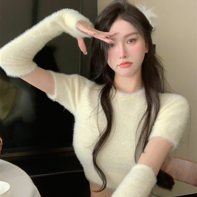Женский меховой вязаный свитер, повседневный укороченный пуловер с длинным рукавом в Корейском стиле, весна 2022