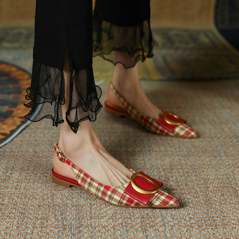 Sandalias de pata de gallo de leather22-24.5cm natural para mujer, zapatos de moda con anillo de metal de tela a cuadros, 2022
