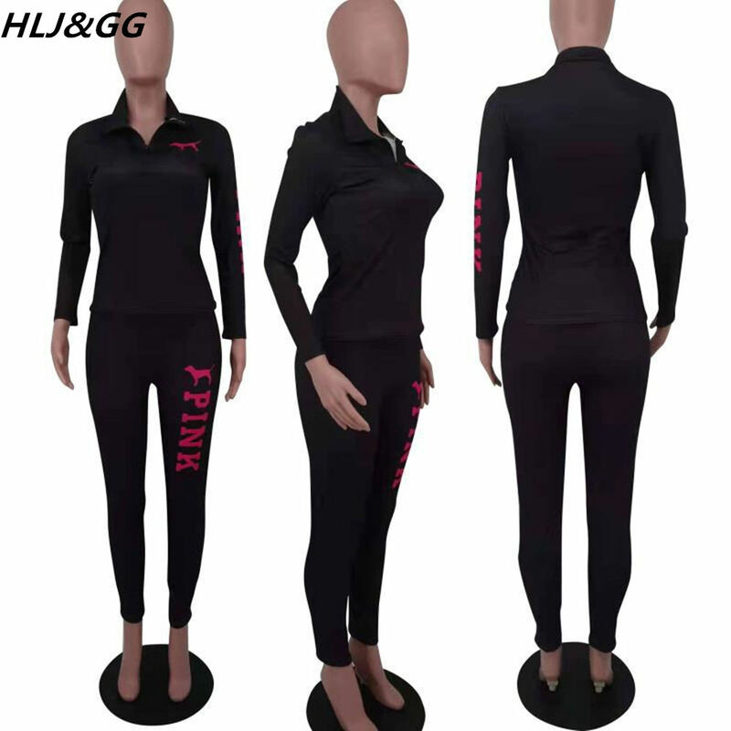 HLJ & GG 여성용 핑크 프린트 스웻수트 2 종 세트, 캐주얼 지퍼 스웻셔츠 + 레깅스 운동복, 봄 가을 스포티 의상