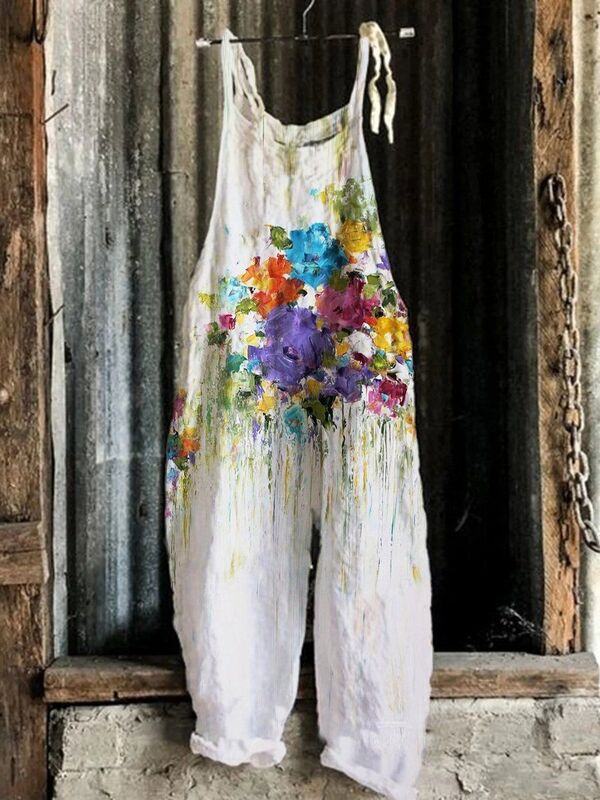Pantalones holgados de pierna ancha para mujer, mono con estampado de flores, decoración, resalta el temperamento dulce, 2022