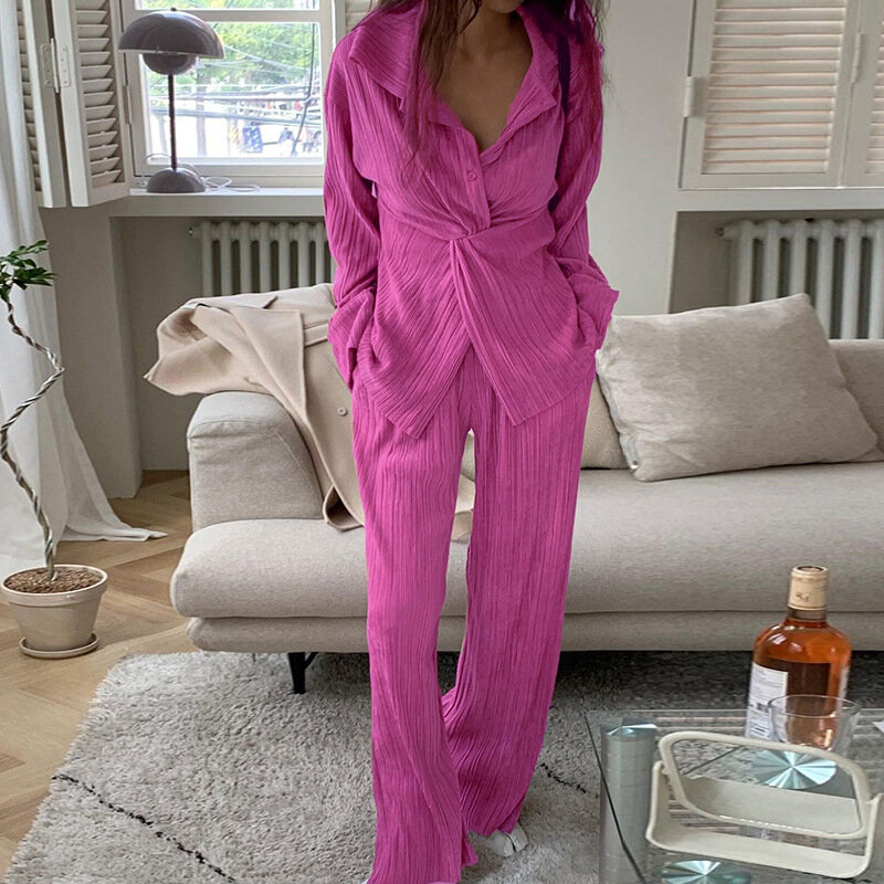 Casaul Two Piece Set Women Summer Elegant Chic Long Sleeve Shirt And Pant Outfit 2022 Pink High Waist Wide Leg Pant Suit Loose