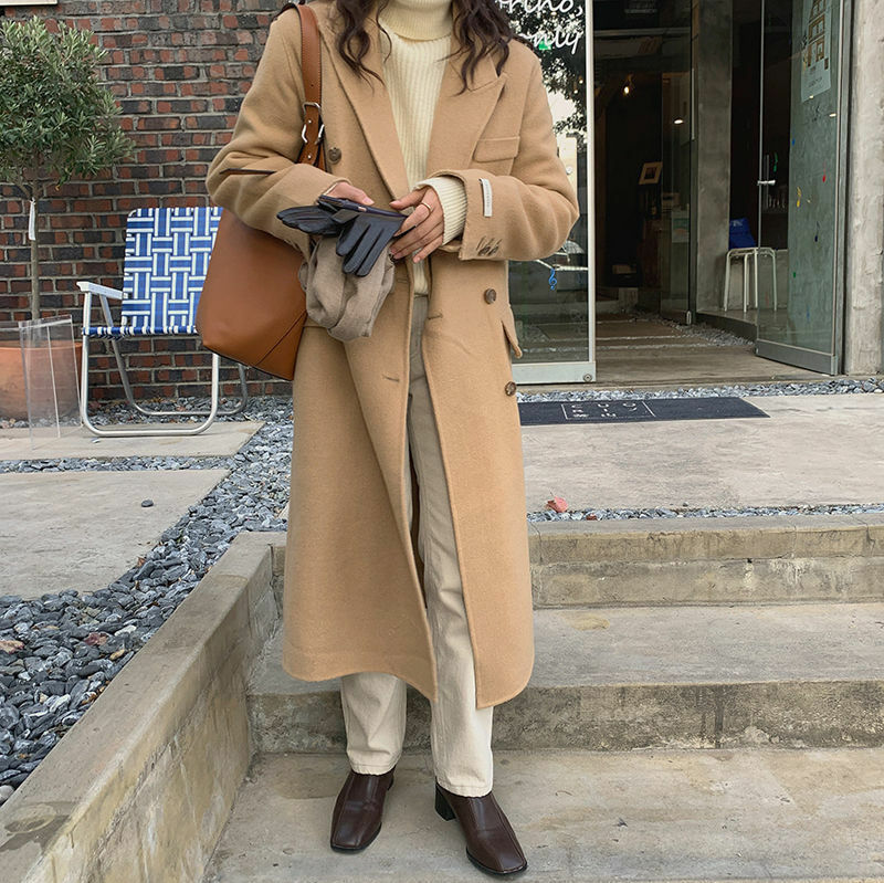 Abrigo de lana de alta calidad con doble botonadura para mujer, abrigo de lana largo medio suelto, estilo retro clásico coreano, otoño e invierno, 2022