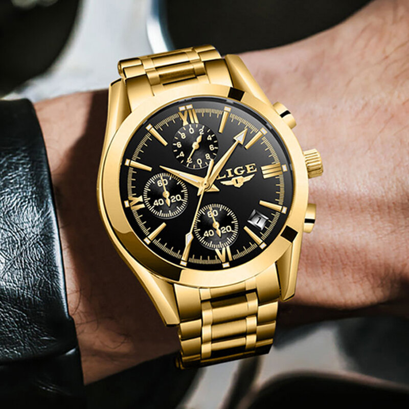 LIGE-reloj analógico de cuarzo para hombre, accesorio de pulsera resistente al agua con cronógrafo, complemento Masculino deportivo de marca de lujo con esfera grande, color dorado