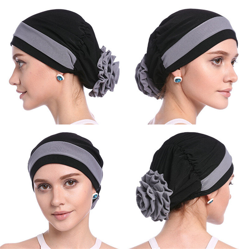 H1110 duas cores muçulmano hijab com flor puxar no chapéu lenço islâmico turbante hijab headcover mulheres headwrap ramadan presentes completos