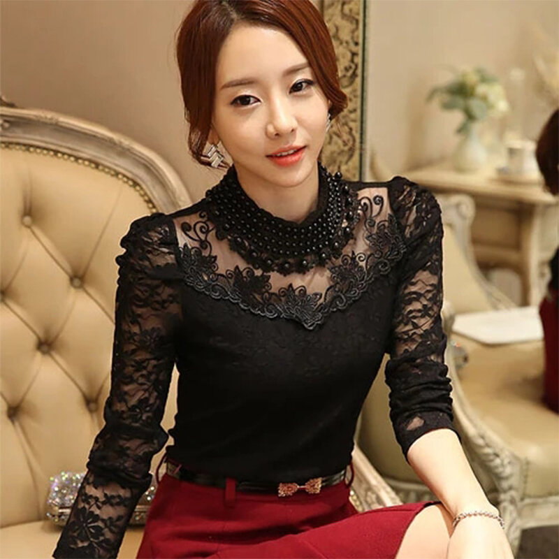 Elegant Long Sleeve Bodysuit Beaded Women Lace Blouse Shirts Crochet Tops Blusas Mesh Chiffon Blouse Female Clothing