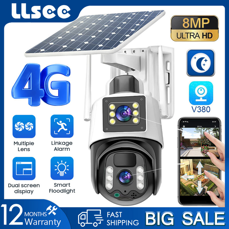 كاميرا LLSEE-Outdoor CCTV تعمل بالطاقة الشمسية ، رؤية ليلية ملونة لاسلكية ، تتبع تلقائي ، مكالمة ثنائية الاتجاه ، مقاوم للماء ، 8MP ، V380 Pro ، 4G ، 360