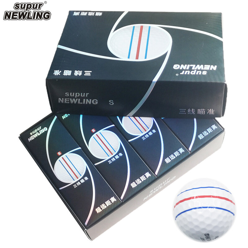Nova marca bola de golfe 12 pçs/caixa 3 cores linhas de objetivo completo 3 peças bola de jogo de golfe super longa distância com pacote de varejo dropship